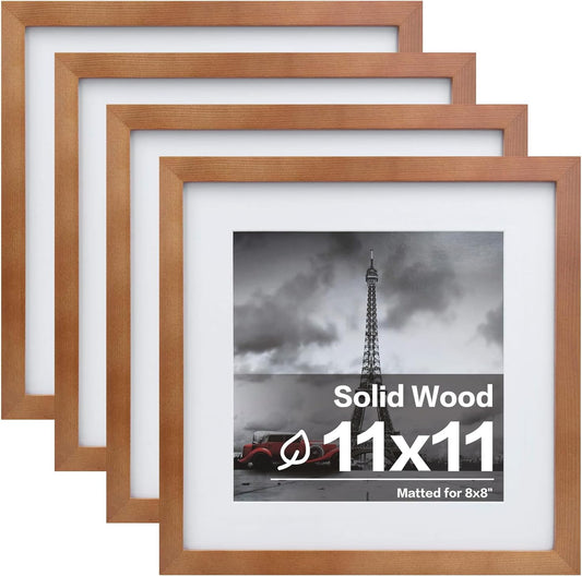 11X11 Picture Frames 4 Pack, Display Pictures 8X8 with Mat or 11X11 without Mat Made of Solid Wood for Table Top Display and Wall Mounting Photo Frame, Light Brown
