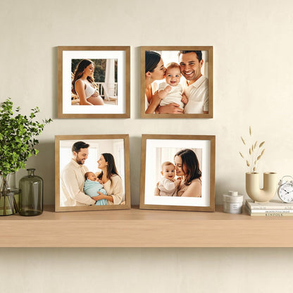11X11 Picture Frames 4 Pack, Display Pictures 8X8 with Mat or 11X11 without Mat Made of Solid Wood for Table Top Display and Wall Mounting Photo Frame, Light Brown