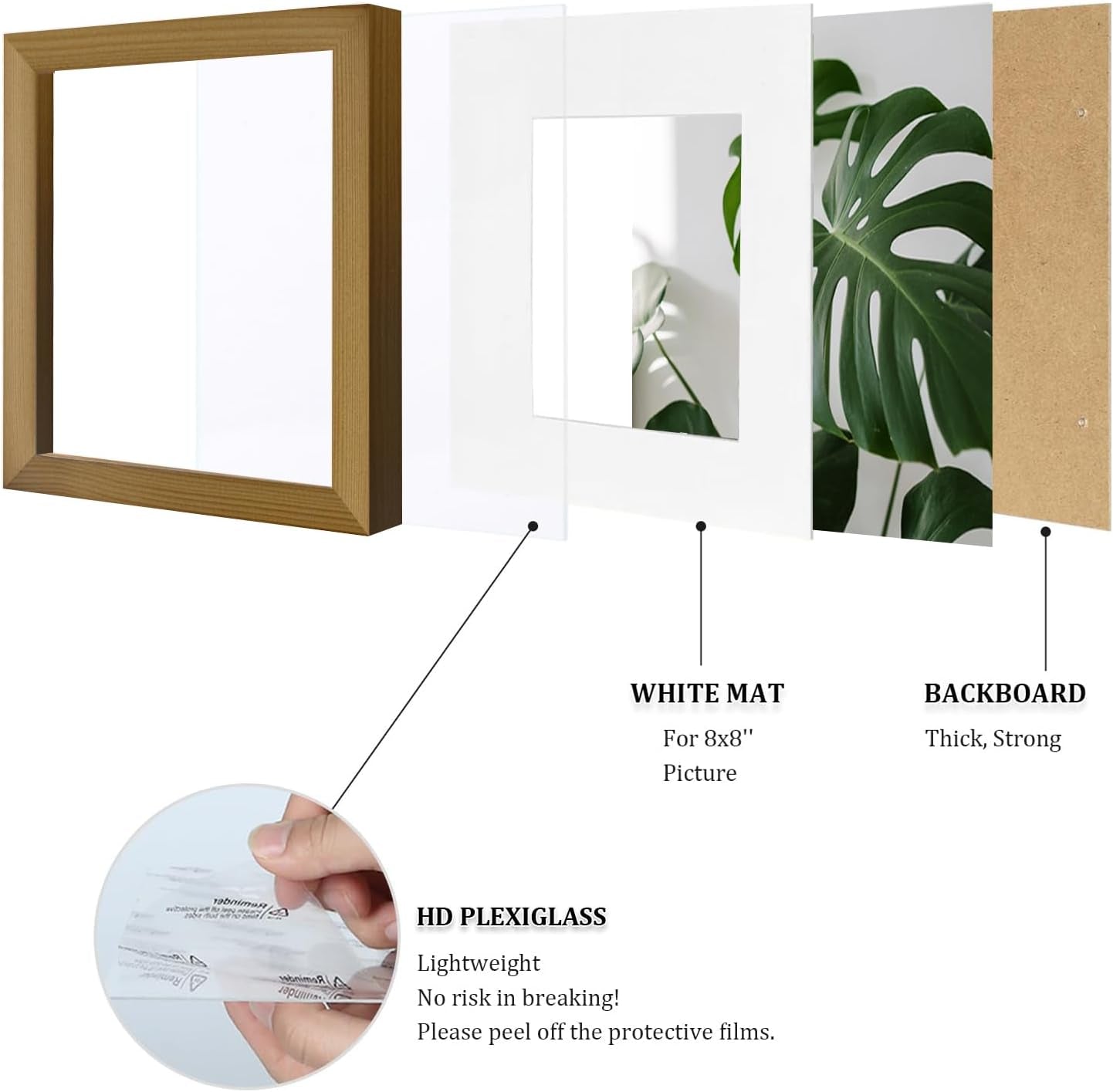 11X11 Picture Frames 4 Pack, Display Pictures 8X8 with Mat or 11X11 without Mat Made of Solid Wood for Table Top Display and Wall Mounting Photo Frame, Light Brown